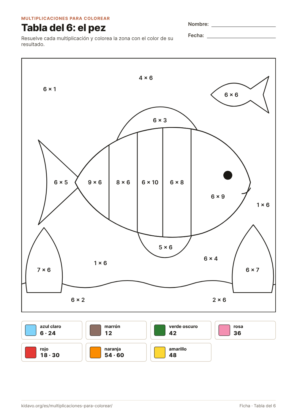 Ficha de multiplicaciones para colorear: tabla del 6, dibujo de el pez