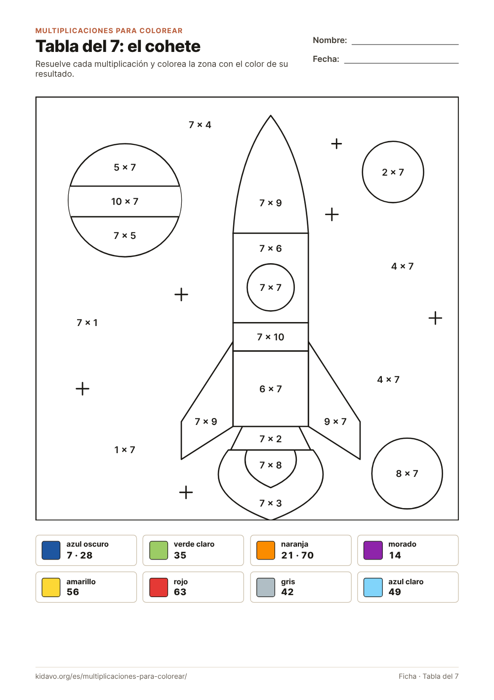 Ficha de multiplicaciones para colorear: tabla del 7, dibujo de el cohete