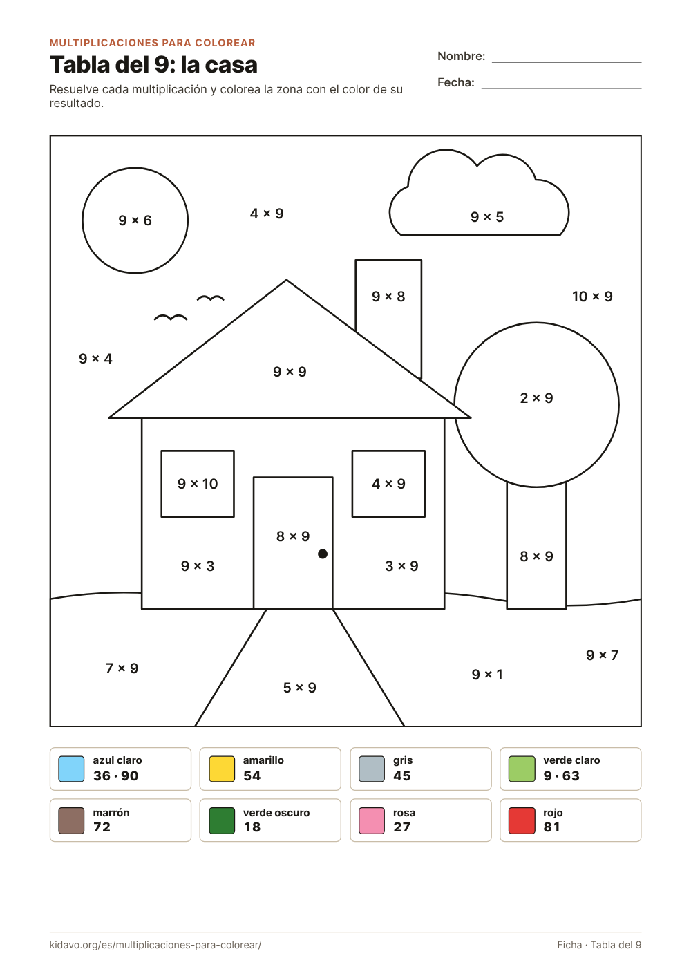 Ficha de multiplicaciones para colorear: tabla del 9, dibujo de la casa
