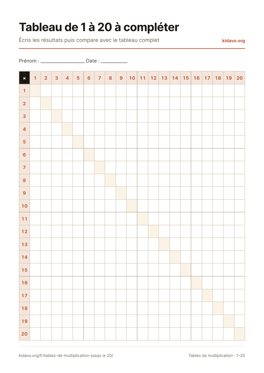 Tableau de 1 à 20 à compléter: Écris les résultats puis compare avec le tableau complet